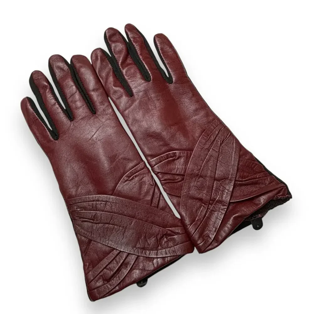 Burgundy & Black Gloves with Leather Top and Fabric Bottom Size Medium